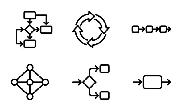 Process Flow Icons Set, Workflow Diagrams, Algorithm Steps, Business Logic Symbols, Data Flow Charts