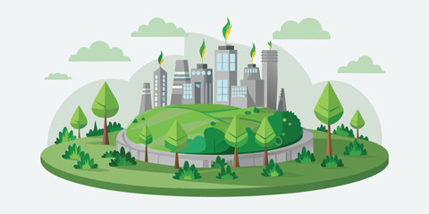 Fototapeta premium Eco friendly industrial city with green trees and clean energy buildings on a white background