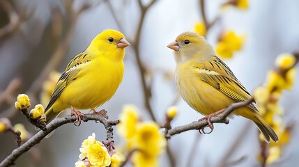 Obraz premium Two Bright Yellow Canaries Perched on Branch with Flowering Plum Blossoms Background.