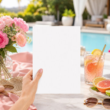 A woman holds a blank paper sheet at a sunny pool party with fresh drinks and flowers for inviting guests to a luxury summer brunch gathering outdoors during the warm season for celebration
