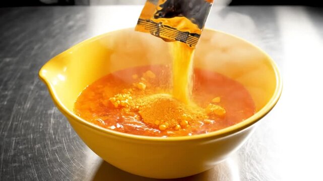 Pouring yellow seasoning powder from a packet into a yellow bowl of broth in the kitchen, making a thick paste.