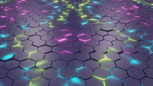 Abstract futuristic hexagonal tile surface background with neon glowing edges and reflection in low-angle perspective