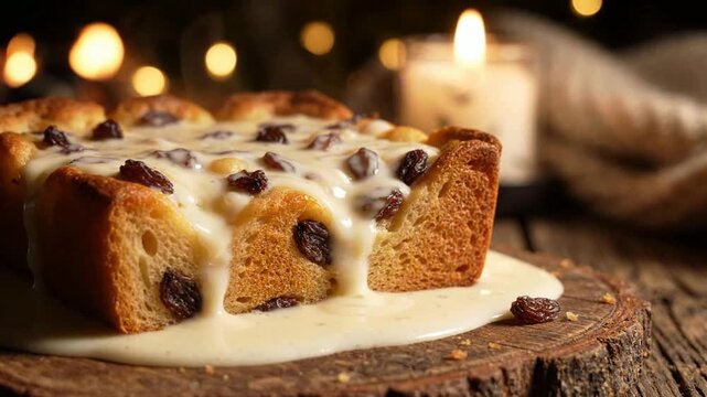 Delicious Homemade Raisin Bread Pudding with Warm Custard Sauce for Holiday Dessert Menus and Cozy Winter Evenings