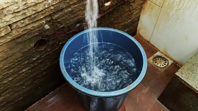 Clear fresh water continuously flows from a tap, filling a vibrant blue bucket on a textured stone floor, symbolizing an essential resource and its collection