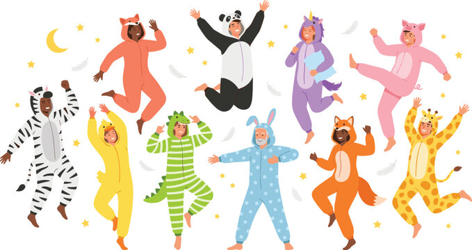 Happy people wearing animal kigurumi pajamas vector illustration jumping and dancing at fun pajama party cozy onesie sleepwear loungewear isolated on white