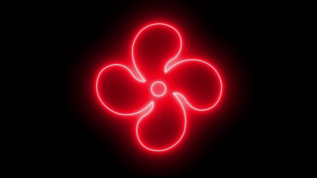 Glowing neon fan propeller icon with rotating three-blade animation on black background,