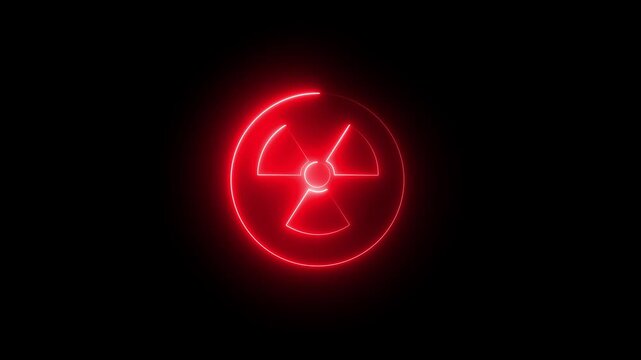 Glowing neon radiation hazard icon animation on black background for danger and safety warning.