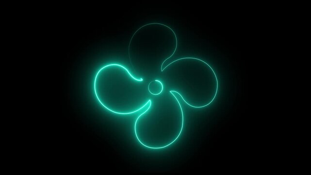Glowing neon fan propeller icon with rotating three-blade animation on black background,