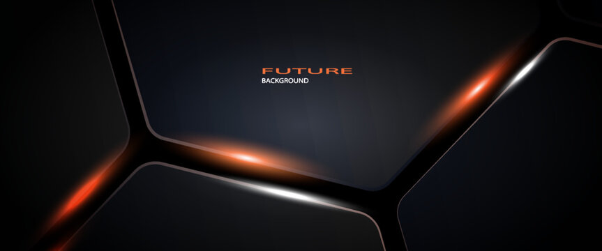 Dark hexagon abstract technology background with orange and white colored bright flashes under hexagon. Hexagonal gaming vector abstract tech futuristic wide banner.