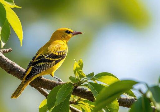 A vibrant male golden oriole perched gracefully on a leafy tree branch, showcasing its bright yellow plumage and dark wings in sunlight, vertebrate, vivid, forest