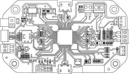 Obraz premium Electronic Circuit Board PCB Layout Technical Drawing with Microcontroller Components and Printed Circuit Trace Design