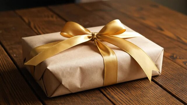Close up shot of a gift box wrapped in brown paper with a gold ribbon and bow sitting on a wooden table