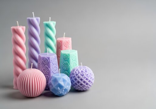 Conjunto de velas artesanales en suaves tonos pastel dispuestas sobre fondo neutro, exhibiendo diversas formas y texturas decorativas, arrangement, aesthetic, soft