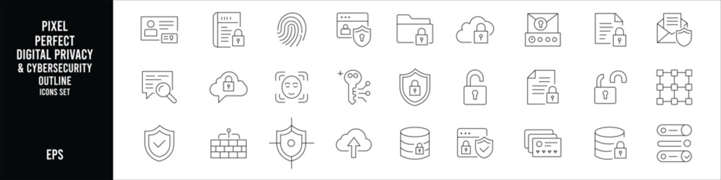 Minimal black and white digital privacy cybersecurity outline icon set editable stroke pixel perfect monoline vector collection for secure technology interface design
