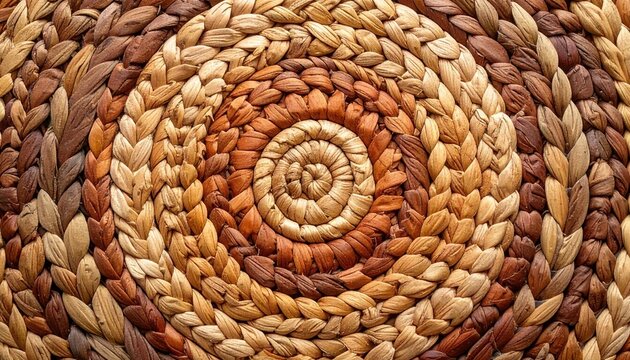 Circular woven straw mat texture with warm earthy colors