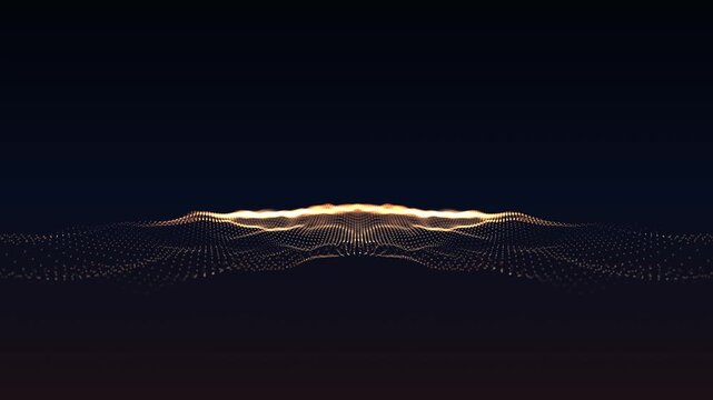 Abstract Golden Particle Wave Motion Background. A mesmerizing digital mesh of glowing light points undulating in the darkness. Perfect for technology, science, and data visualization projects.