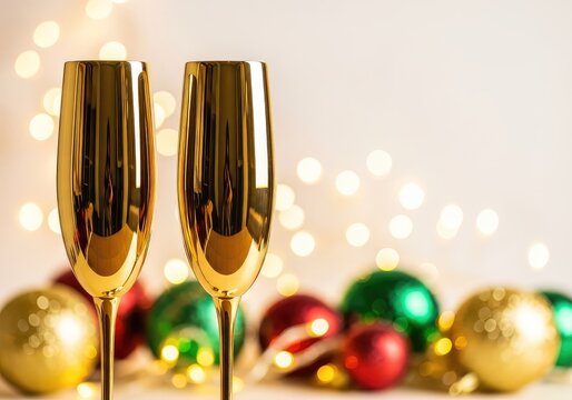 Elegant golden champagne flutes positioned against a backdrop of shimmering festive lights and sparkling holiday ornaments in a soft bokeh, event, night, drink