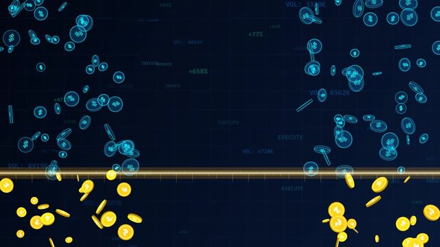 Digital Financial Market Trading. Animated coins transitioning from blue digital data to golden currency with trading volume data overlays. Perfect for stock market, crypto, and finance investment.