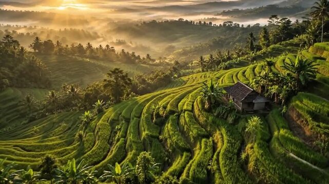 Beautiful Green Rice Terraces at Sunrise with Morning Mist, Cinematic Aerial Landscape