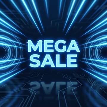 Mega sale, neon sign, glowing blue lights, sale promotion, discount offer