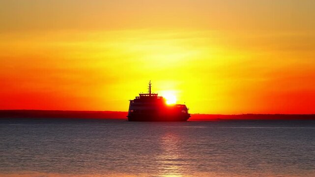 peaceful sunset over ocean with ship in silhouette during tranquil evening hours. steady view of serene seascape with vibrant orange and yellow hues reflecting on calm water.