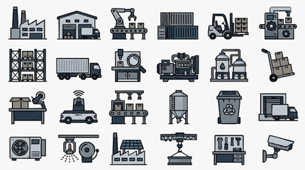 Clean Minimalist Black and White Line Icons Set of Industrial Manufacturing and Warehouse Equipment © Lala