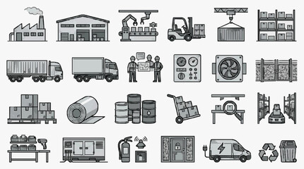 Modern Monochrome of Industrial Logistics and Safety Equipment and Facilities with high quality professional line art symbols for modern creative design and digital branding projects © Lala