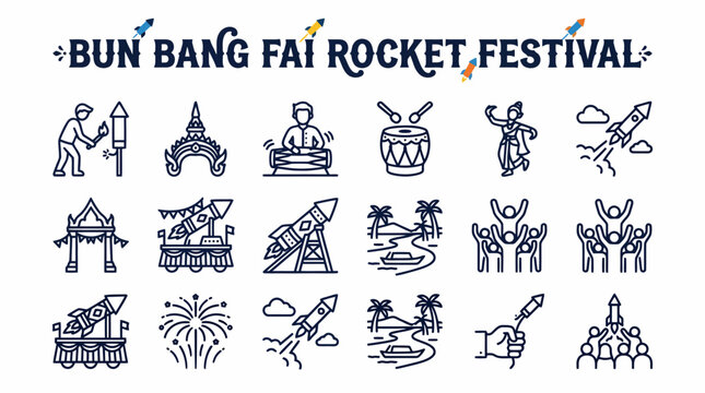 Bun Bang Fai Rocket Festival Icons - Thailand Celebration