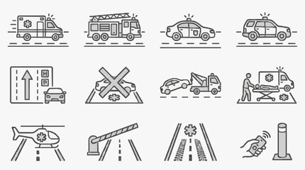 Minimalist Black and White Icons Set of Emergency Vehicles Road Accidents and Safety Equipment for Illustrations © Lala