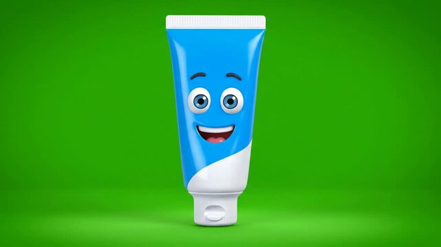 Cute Cartoon Toothpaste Character Smiling against a Green Background for Dental Care Concept Design