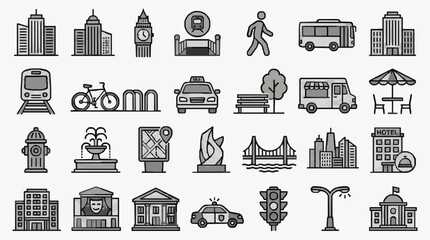 Sleek Black and White Line Icons Set of Urban City Life Elements and Landmarks for Web Design and Mobile Apps © Lala