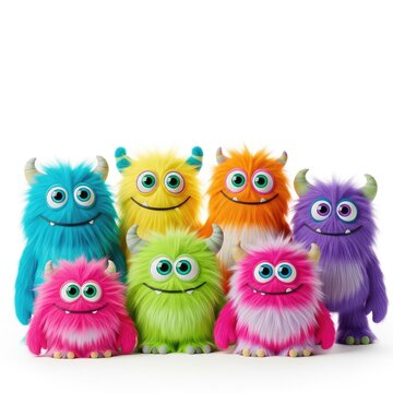 Six charming colorful fuzzy monsters with big eyes and friendly smiles standing together against a clean white backdrop for a joyful scene, colorful, clean, soft