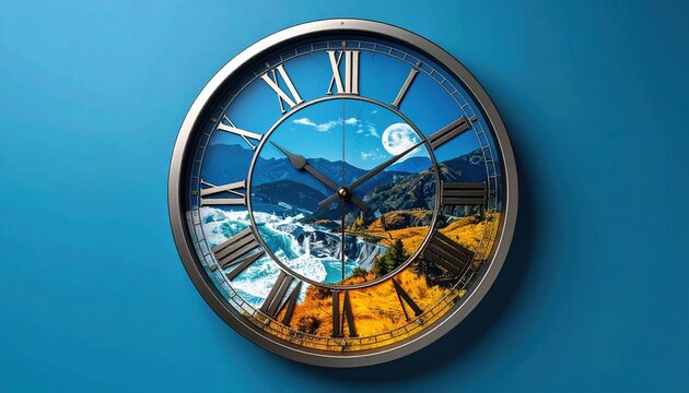 Wall clock showing time on blue background