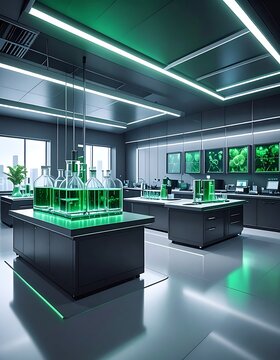 Modern laboratory with green glowing equipment.
