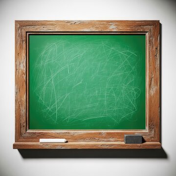 Rustic wooden frame surrounds an empty green chalkboard with visible chalk residue and textures. A classic background for school concepts, interior, frame, equipment