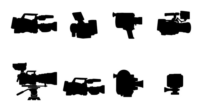 Vintage Camera Icons, Retro Video Recorder Silhouettes, Classic Film Equipment Collection, Cinematography Symbols