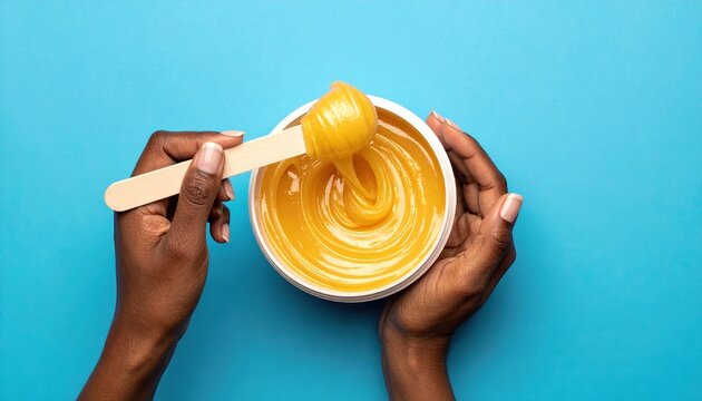 Sugaring paste on blue: Female hands holding a bowl of hair removal sugaring paste with spatulas on a blue background.