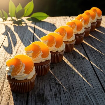 Vibrant orange fruit cupcakes sit on a weathered wooden table under brilliant afternoon sun, casting artistic shadows through green leaves, outdoor, dessert, cupcakes