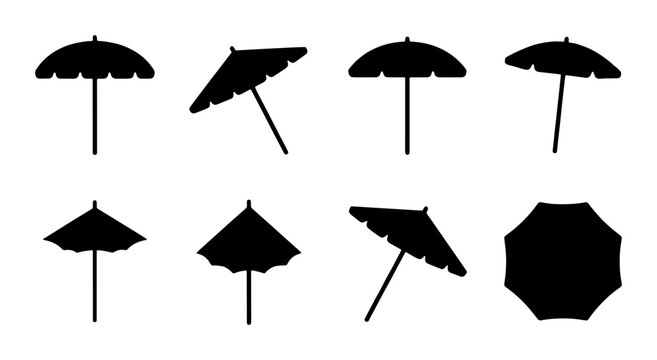 Cocktail Umbrellas, Tropical Drink Parasols, Beach Bar Accessories, Summer Party Decor, Black Silhouette Vector Icons
