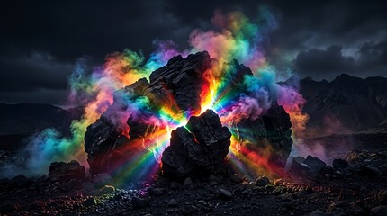 Obraz premium Large volcanic rock emitting vibrant rainbow colored smoke and glowing magical light rays in a dark desolate mountain landscape setting