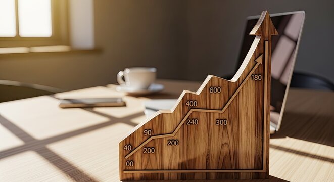 Wooden graph showing growth with a laptop and coffee cup on a wooden table