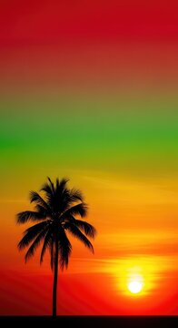 Vibrant summer sunset with palm tree silhouettes against a sky featuring bold red, yellow, and green gradients and a bright glowing sun, rays, leisure, outdoor