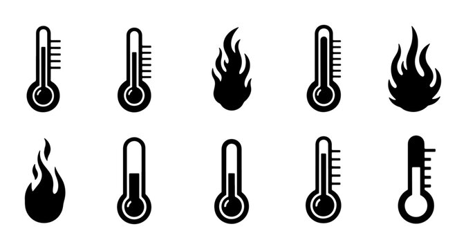 Thermometer and Flame Icons Set: Temperature Measurement, Heat, Hot Weather, Weather Forecast, Climate Change