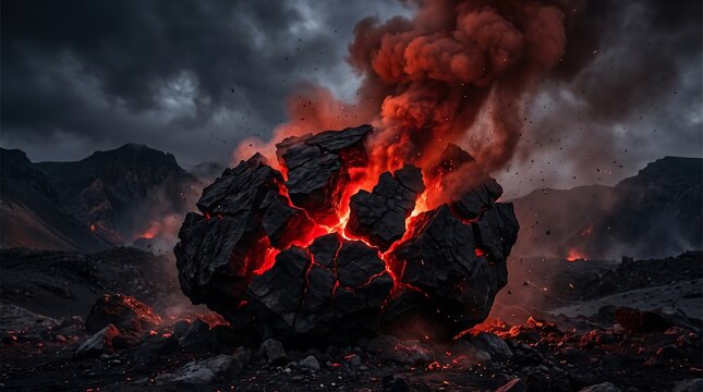 Volcanic rock exploding with intense glowing magma and thick smoke set against a dramatic dark mountainous landscape background scene