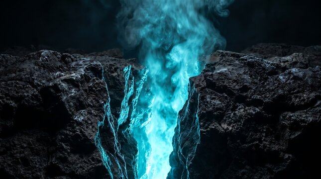 Volcanic rock crevice emitting glowing turquoise smoke in a dark environment featuring sharp geological textures and intense mystical lighting effects