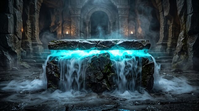 Stone altar centerpiece glowing with bright blue magical energy inside a dark ancient cavern with flowing water and thick mist