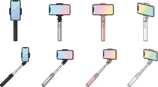 Selfie Stick Monopod and Tripod Collection Featuring Folded and Extended Poles with Smartphones in Multiple Colors Vector Illustration Set
