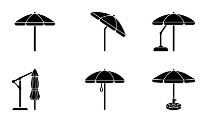 Outdoor Patio Umbrellas Collection, Beach Sunshade Icons, Garden Parasol Set, Black Silhouette Vector Graphics © Sujon