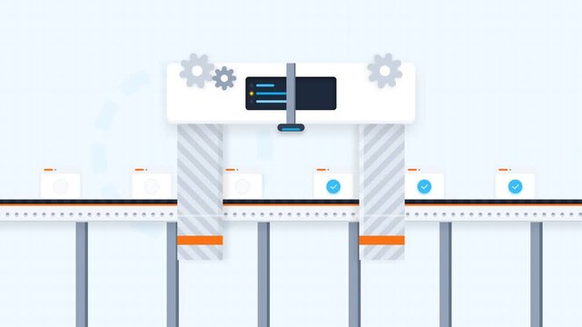 Automated factory conveyor scans moving packages beneath robotic machinery in a clean industrial production and quality control animation.