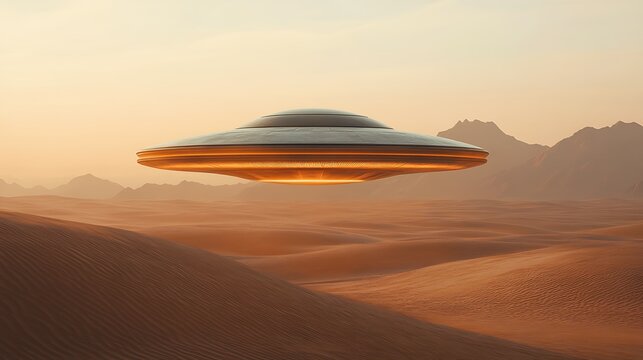 UFO Over Desert Futuristic SciFi Scene with Alien Encounter, Sunset Landscape, and Mystery.